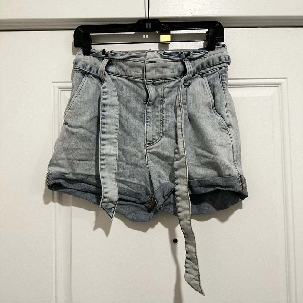 Express Light Blue Denim Paper Bag High Waisted Shorts